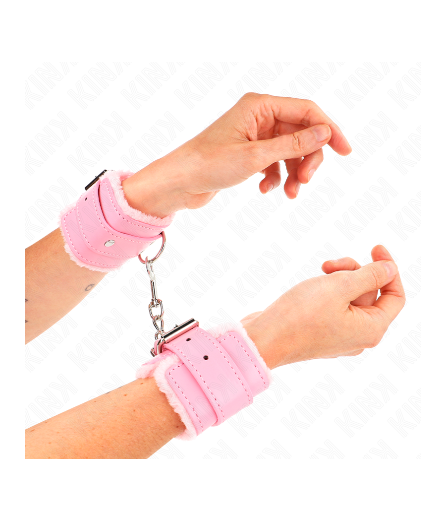 KINK - PELZGEFÜTTERTE HANDGELENKFESSELN ROSA MIT ROSA GÜRTEL VERSTELLBAR 17-29 CM X 6 CM