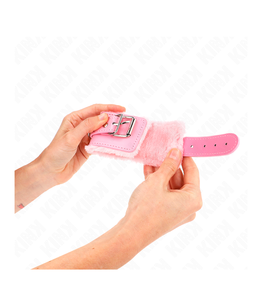 KINK - APPUI-POIGNETS DOUBLÉS DE FOURRURE ROSE AVEC CEINTURE ROSE RÉGLABLE 17-29 CM X 6 CM