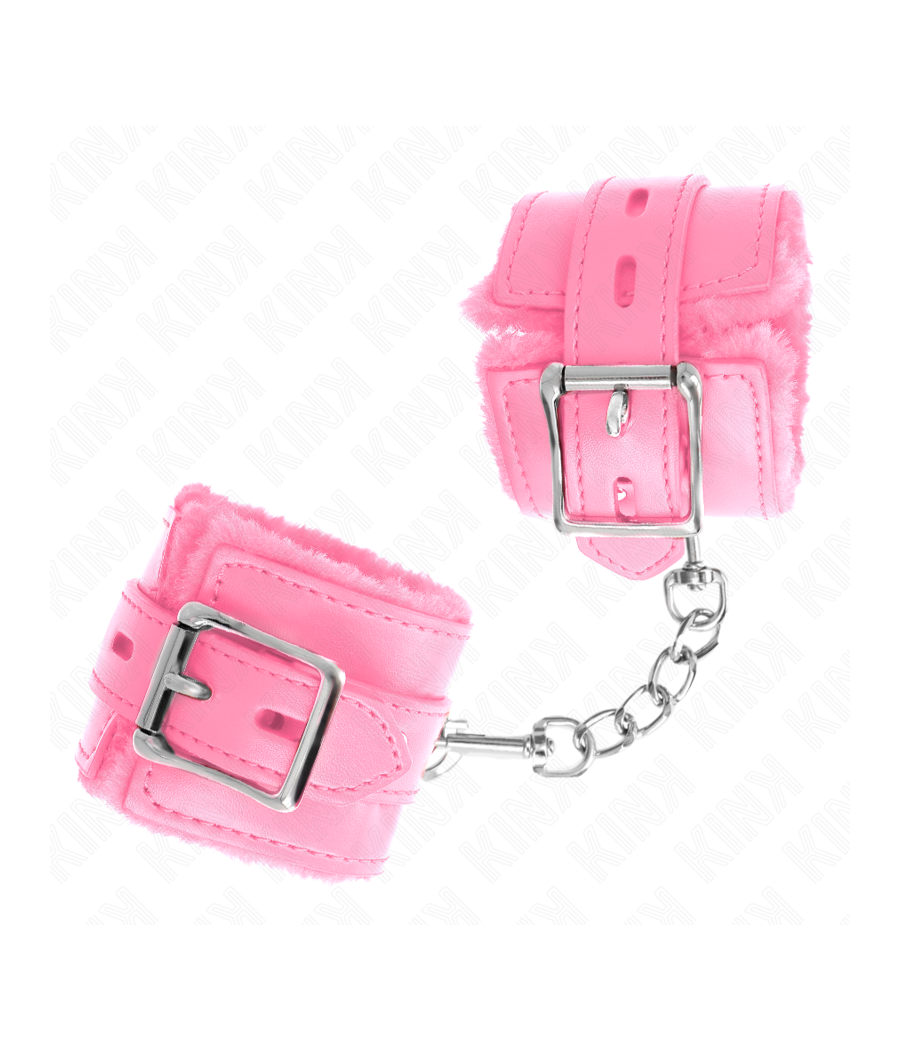 KINK - PELZGEFÜTTERTE HANDGELENKFESSELN MIT QUADRATISCHEN LÖCHERN, ROSA UND ROSA GÜRTEL, VERSTELLBAR 17-29 CM X 6 CM