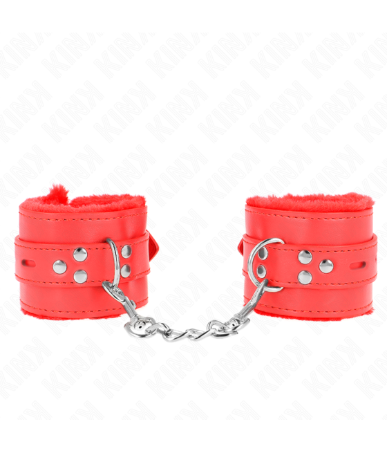 KINK - PELZGEFÜTTERTE HANDGELENKFESSELN MIT QUADRATISCHEN LÖCHERN, ROT UND ROTER GÜRTEL, VERSTELLBAR 17-29 CM X 6 CM
