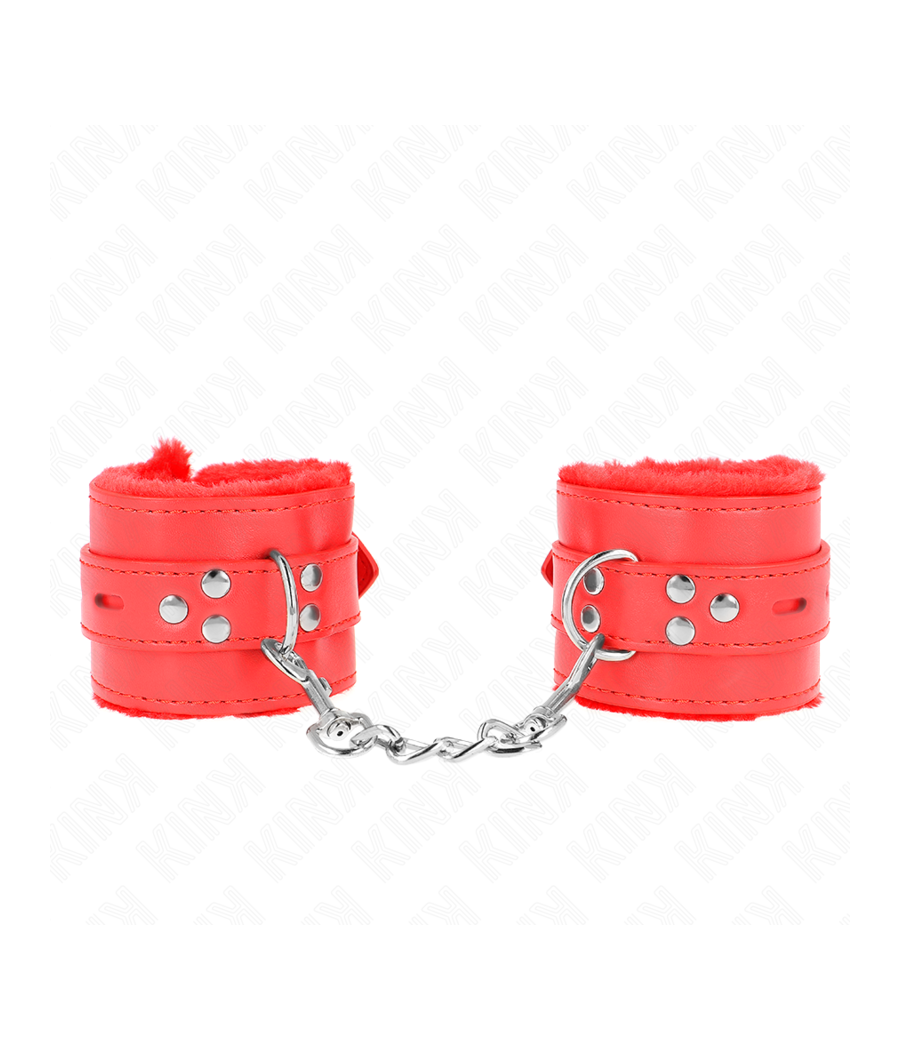 KINK - PELZGEFÜTTERTE HANDGELENKFESSELN MIT QUADRATISCHEN LÖCHERN, ROT UND ROTER GÜRTEL, VERSTELLBAR 17-29 CM X 6 CM