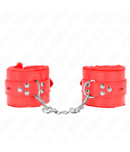 KINK - FUR LINED WRIST RESTRAINTS WITH SQUARE HOLES RED AND RED BELT ADJUSTABLE 17-29 CM X 6 CM