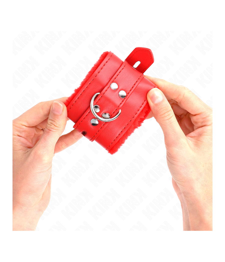 KINK - FUR LINED WRIST RESTRAINTS WITH SQUARE HOLES RED AND RED BELT ADJUSTABLE 17-29 CM X 6 CM