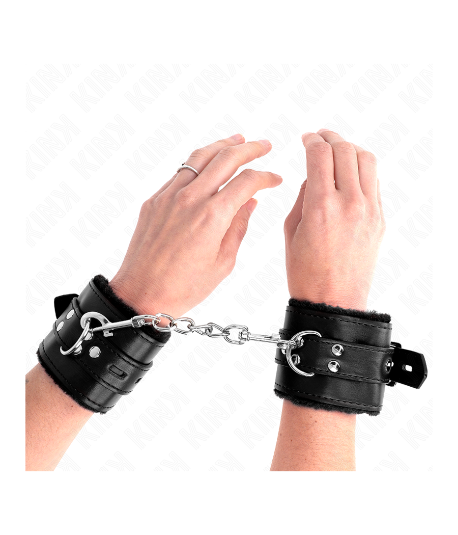 KINK - POLSINI IMBOTTITI IN PELLICCIA CON FORI QUADRI NERI E CINTURA NERA REGOLABILE 17-29 CM X 6 CM