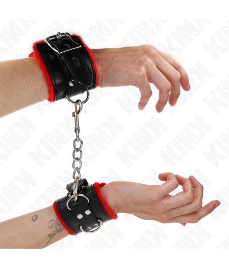 KINK - POLSINI IMBOTTITI IN PELLICCIA CON FORI QUADRI CINTURA ROSSA E NERA REGOLABILE 17-29 CM X 6 CM