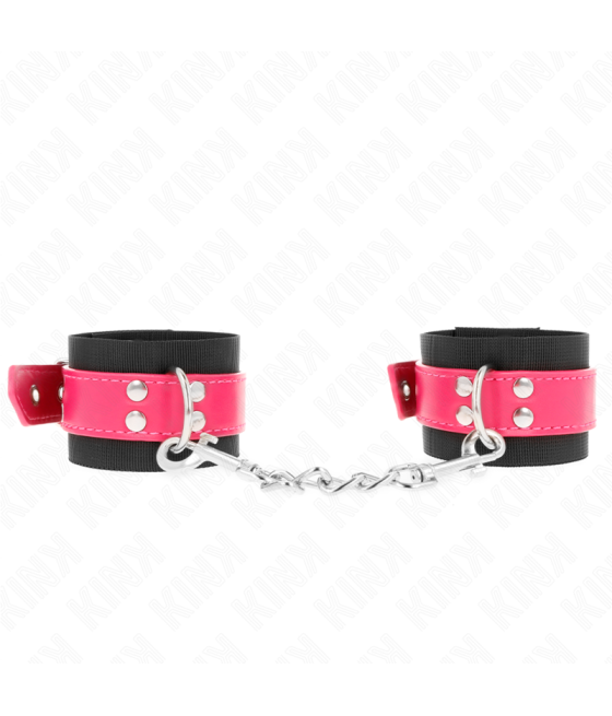 KINK - NYLON WRIST RESTRAINTS BLACK WITH LEATHERETTE BELT RASPBERRY ROSE ADJUSTABLE 19-29 CM X 5.1 CM