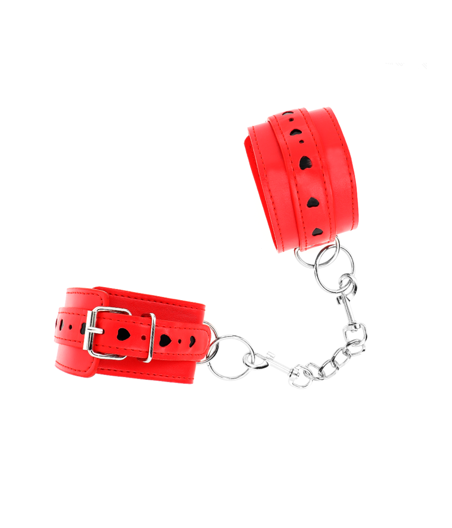 KINK - RED WRIST RESTRAINTS WITH BLACK HEART INLAY ADJUSTABLE 21-28 CM X 5.5 CM