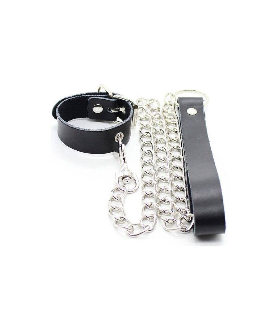 OHMAMA FETISH - COLLIER PÉNIS ET BRACELET EN CUIR AVEC CHAÎNE MÉTALLIQUE