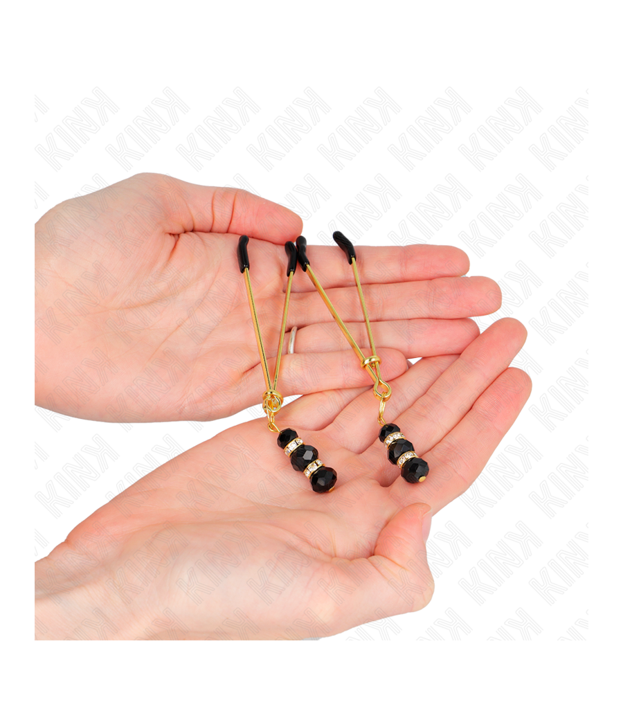 KINK - PINÇAS FINAS DOURADAS COM 3 CONTAS DE VIDRO PRETAS 7 CM