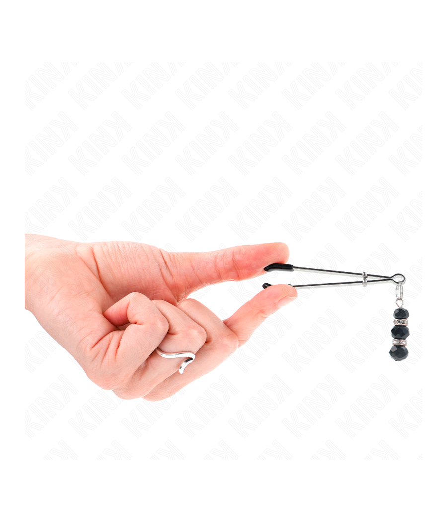 KINK - PINCES À TETON FINES OR AVEC 3 BILLES DE VERRE NOIR 7 CM