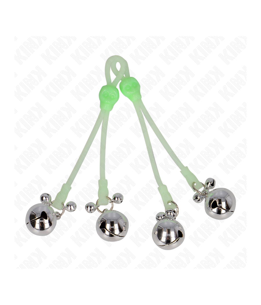 KINK - PINCES À TETON LUMINEUSES CRÂNE AVEC ANNEAU CLOCHES RÉGLABLES VERT / ARGENT