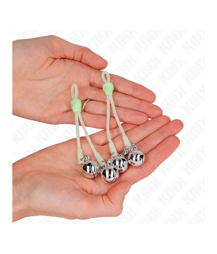 KINK - PINCES À TETON LUMINEUSES CRÂNE AVEC ANNEAU CLOCHES RÉGLABLES VERT / ARGENT