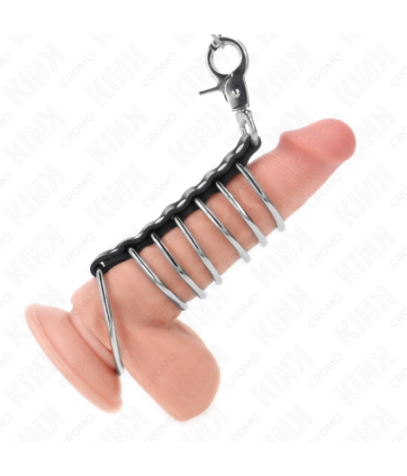 KINK - 7 ANELLI PER PENE IN METALLO DA 3,8 CM A 5 CM COLLEGATI CON PELLE E CATENA IN METALLO 100 CM