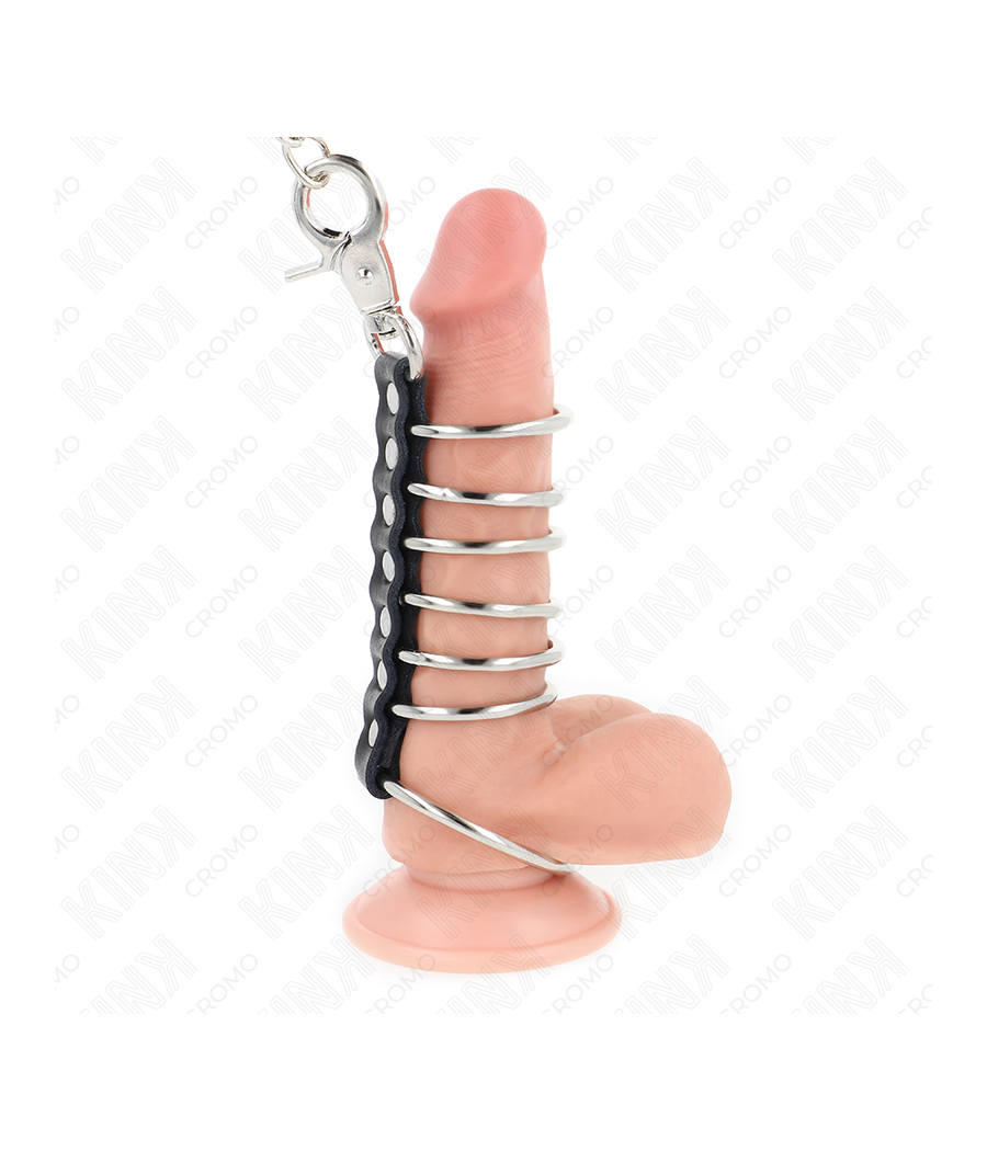 KINK - 7 ANELLI PER PENE IN METALLO DA 3,8 CM A 5 CM COLLEGATI CON PELLE E CATENA IN METALLO 100 CM