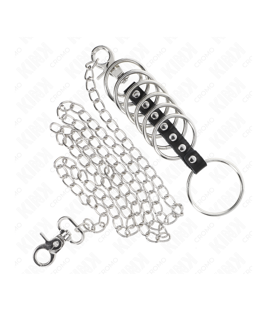 KINK - 7 ANÉIS DE METAL DE 3,8 CM A 5 CM CONECTADOS COM COURO E CORRENTE DE METAL 100 CM