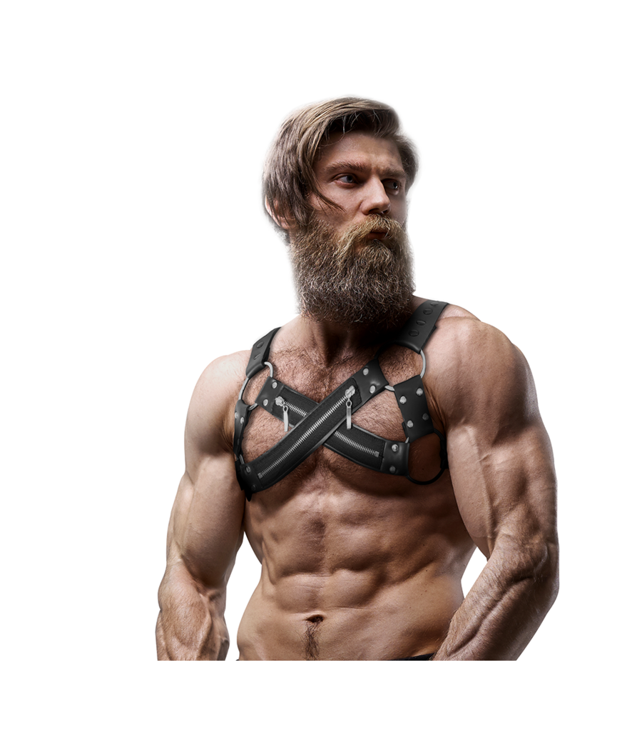 FETISH SUBMISSIVE ATTITUDE - ADJUSTABLE NEOPRENE CROSS-OVER CHEST BULLDOG HARNESS WITH ZIPPERS FOR MEN