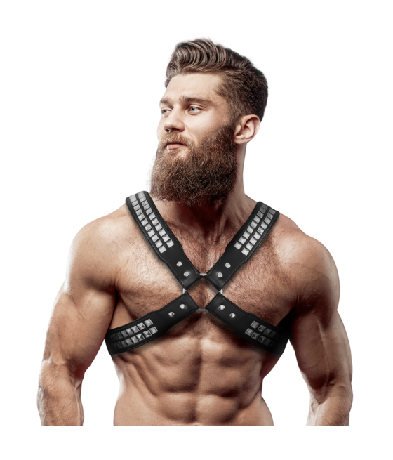 FETISH SUBMISSIVE ATTITUDE - MENS CROSSED CHEST ECO-LEATHER HARNESS WITH RIVETS