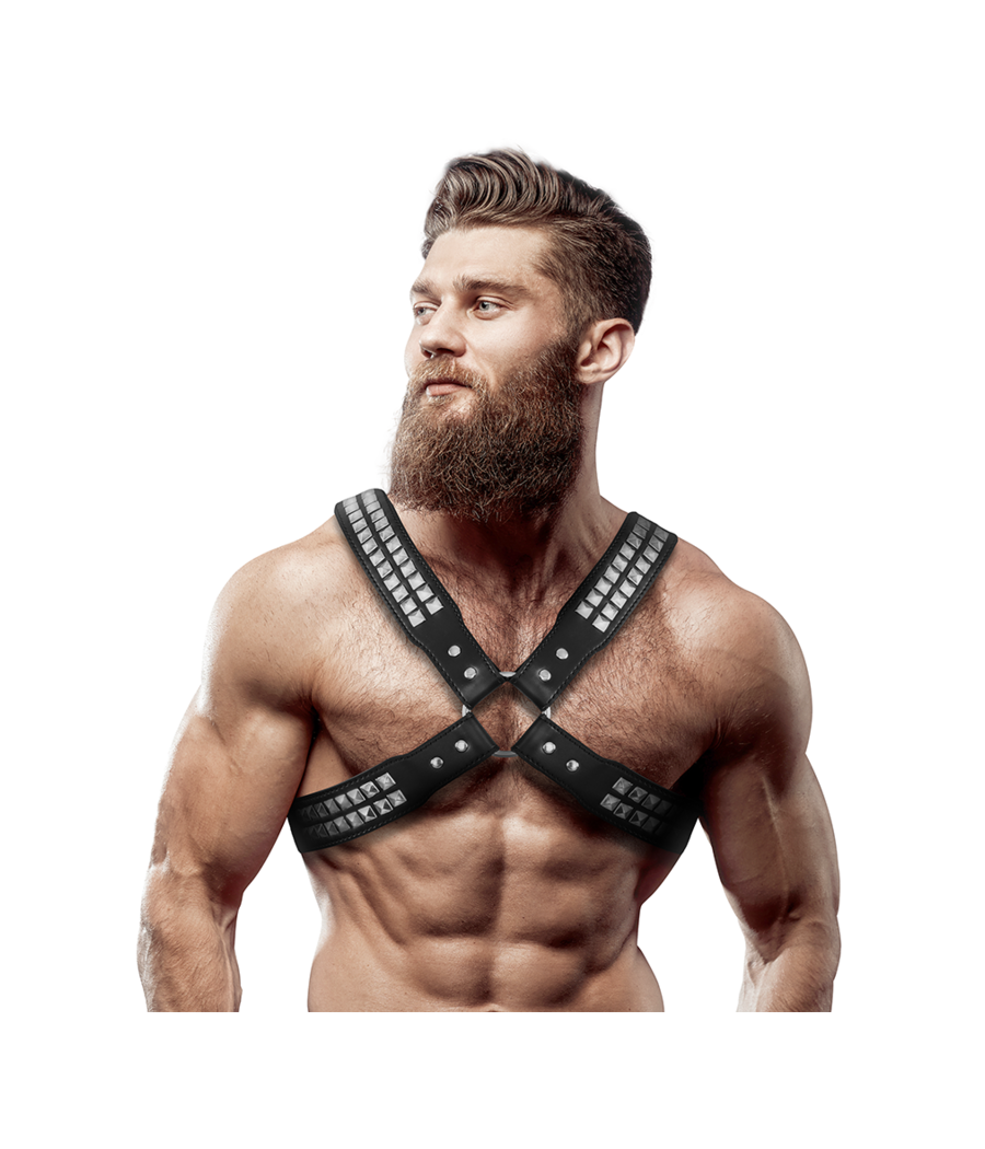 FETISH SUBMISSIVE ATTITUDE - HARNAIS EN CUIR ÉCOLOGIQUE POUR HOMMES  POITRINE CROISÉE AVEC RIVETS