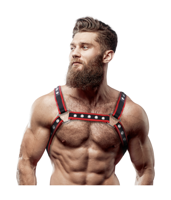 FETISH SUBMISSIVE ATTITUDE - MENS ECO-LEATHER CHEST BULLDOG HARNESS BLACK/RED
