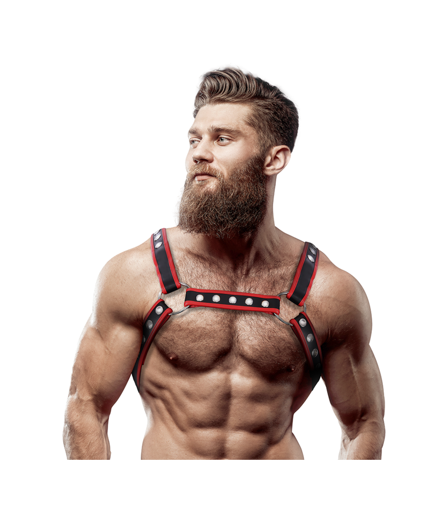 FETISH SUBMISSIVE ATTITUDE - BRUST-BULLDOG-GESCHIRR AUS ÖKOLEDER FÜR HERREN, SCHWARZ/ROT
