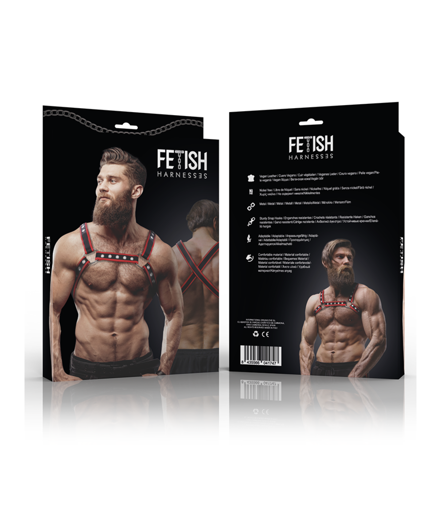 FETISH SUBMISSIVE ATTITUDE - MENS ECO-LEATHER CHEST BULLDOG HARNESS BLACK/RED