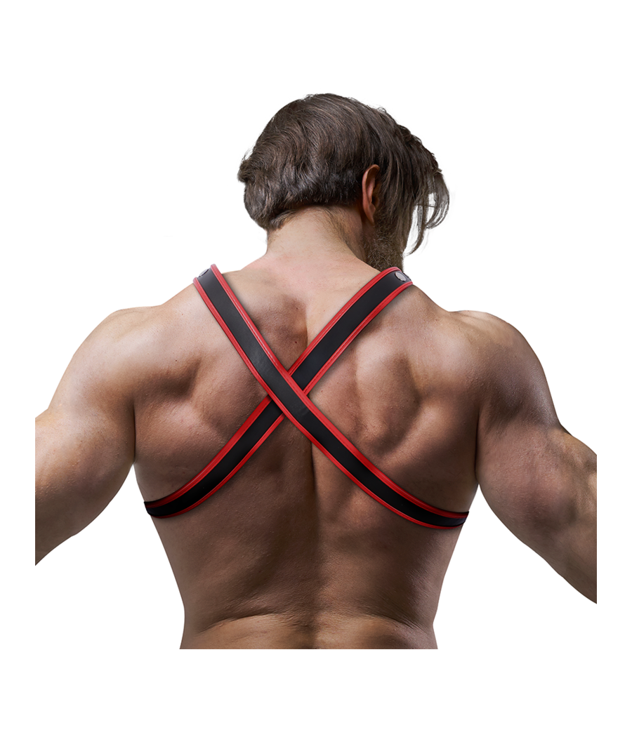 FETISH SUBMISSIVE ATTITUDE - PEITORAL DE COURO ECOLÓGICO MASCULINO BULLDOG ARNÊS PRETO/VERMELHO