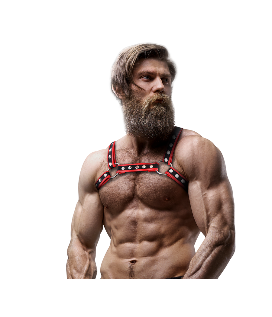 FETISH SUBMISSIVE ATTITUDE - HARNAIS DE POITRINE BULLDOG EN CUIR ÉCOLOGIQUE POUR HOMMES NOIR/ROUGE