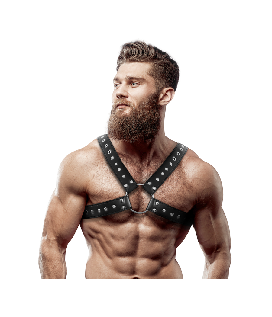 FETISH SUBMISSIVE ATTITUDE - MENS CROSS-OVER ECO-LEATHER CHEST HARNESS WITH STUDS
