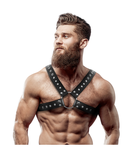 FETISH SUBMISSIVE ATTITUDE - MENS CROSS-OVER ECO-LEATHER CHEST HARNESS WITH STUDS