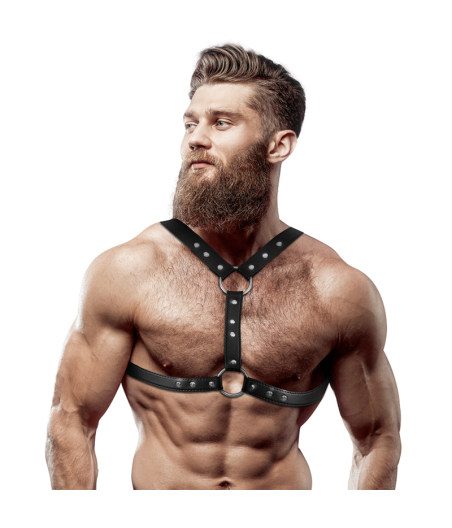 FETISH SUBMISSIVE ATTITUDE - HARNAIS DE POITRINE EN ÉCO-CUIR AVEC DOUBLE SUPPORT ET CLOUS POUR HOMMES