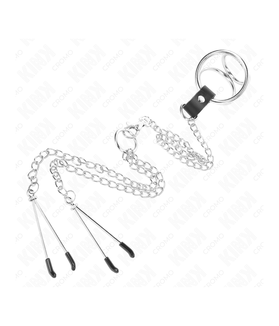 KINK - DREIFACH CHROM METALL PENISRING 3 CM BIS 4,5 CM MIT 26 CM METALLKETTE UND BRUSTKLAMMERN
