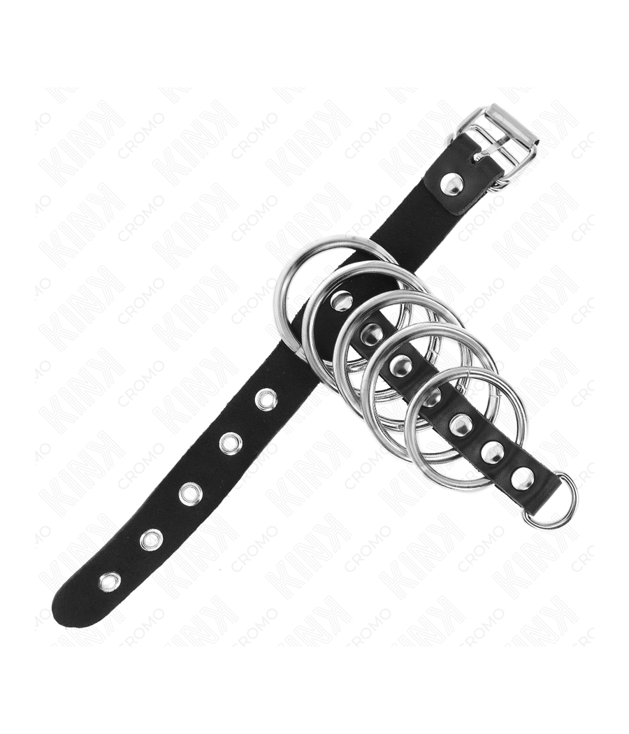 KINK - PENISRING AUS LEDER MIT VERSCHLUSSBAND 21 X 2 CM UND 5 METALLRINGEN VON 3 CM BIS 4 CM