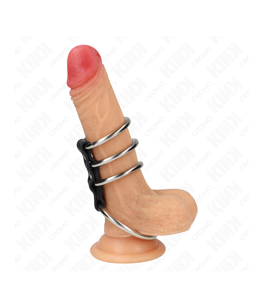 KINK - 4 METALL PENISRINGE 3,7 CM BIS 5 CM DURCH LEDER VERBUNDEN