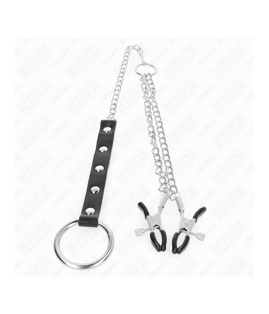 KINK - METALL-PENISRING MIT KETTE UND VERSTELLBAREN BRUSTKLAMMERN