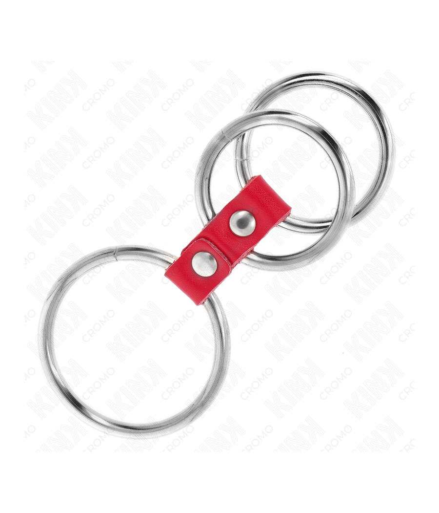 KINK - ANEL DE PÊNIS TRIPLO DE METAL DE 3,7 CM A 5 CM CONECTADO COM COURO VERMELHO