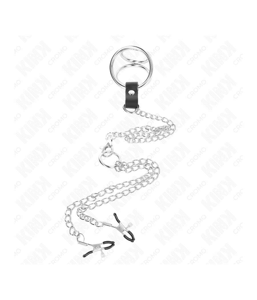 KINK - ANNEAU PÉNIS EN MÉTAL TRIPLE CHROME 3 CM À 4,5 CM AVEC CHAÎNE EN MÉTAL DE 26 CM ET PINCES À TÉTONS