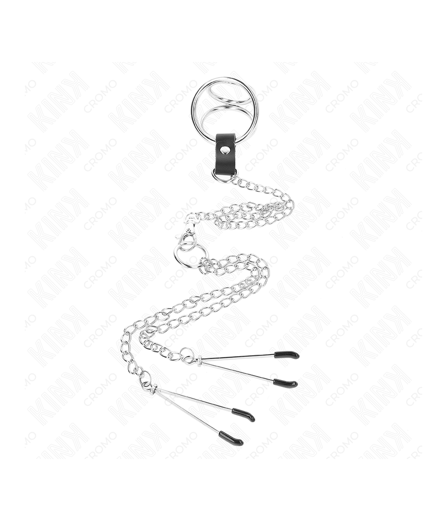 KINK - ANELLO PER PENE IN METALLO CROMATO TRIPLO DA 3,8 CM A 5 CM, CATENA IN METALLO DA 26 CM E MORSETTI PER CAPEZZOLI MOD. 2