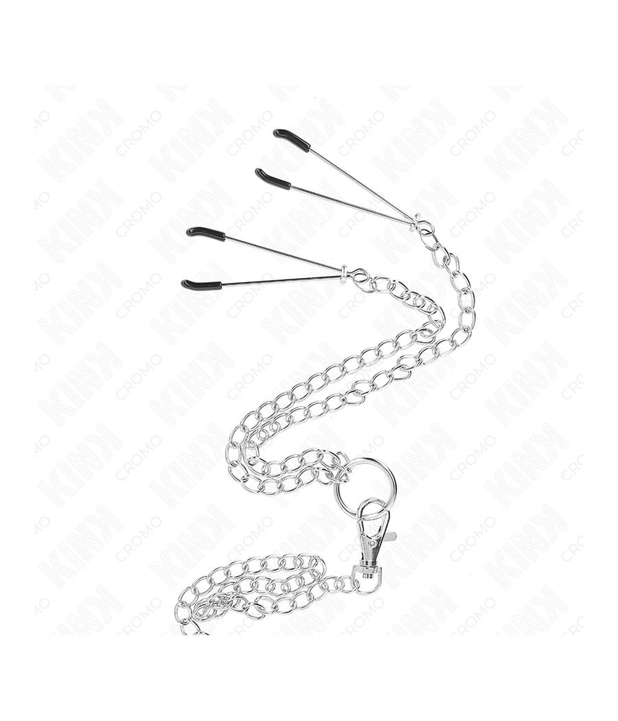 KINK - ANILLO PENE TRIPLE METAL CROMADO 3.8 CM A 5 CM CADENA METAL 26 CM Y PINZAS PARA PEZONES MODELO 2