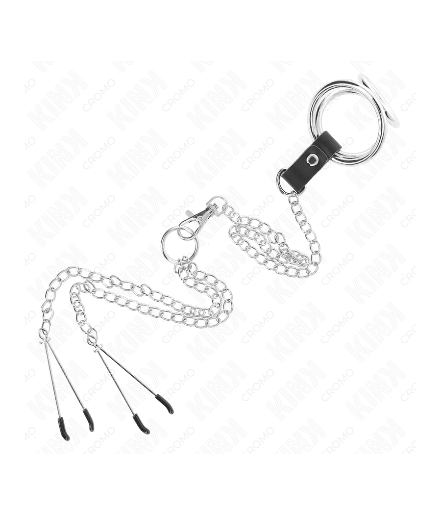 KINK - ANILLO PENE TRIPLE METAL CROMADO 3.8 CM A 5 CM CADENA METAL 26 CM Y PINZAS PARA PEZONES MODELO 2