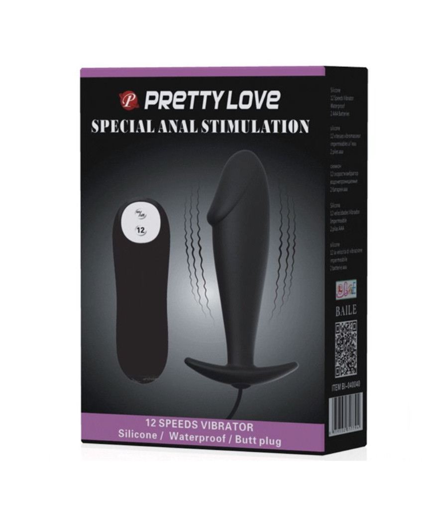PRETTY LOVE - PLUG ANAL SILICONA FORMA PENE Y 12 MODOS VIBRACIÓN NEGRO