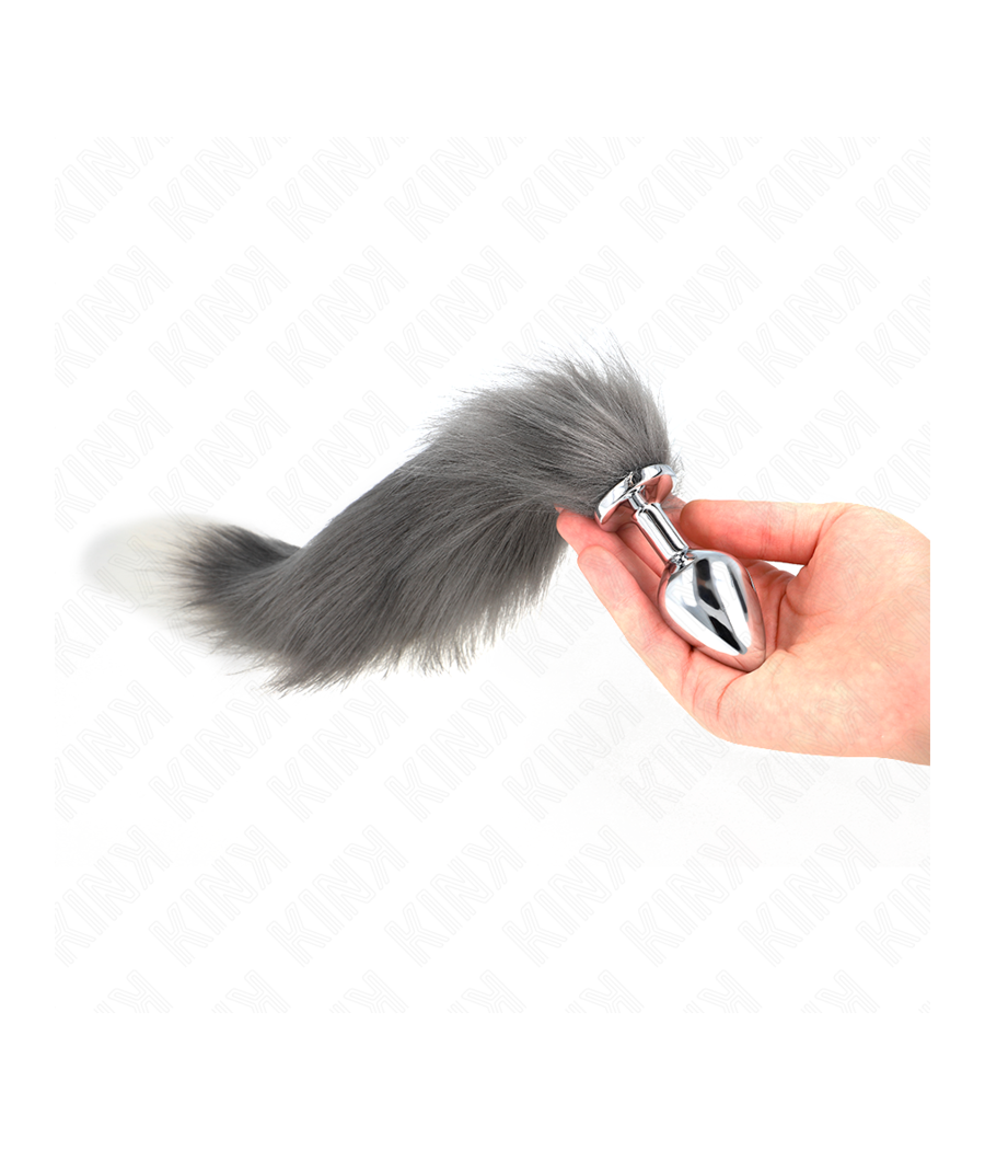 KINK - PLUG ANAL TAILLE M 8 X 3,5 CM AVEC QUEUE SYNTHÉTIQUE 40 CM GRIS ET BLANC