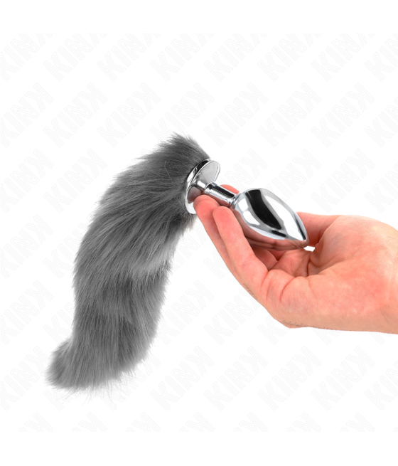 KINK - ANAL PLUG GRÖSSE L 10 X 4 CM MIT KUNSTSTOFFSCHWANZ 40 CM GRAU UND WEISS