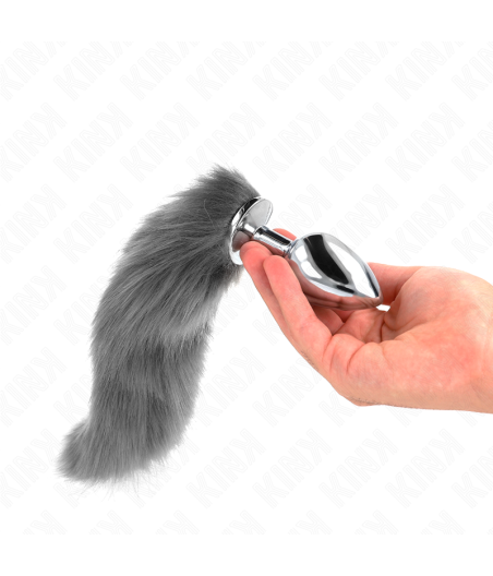 KINK - ANAL PLUG GRÖSSE L 10 X 4 CM MIT KUNSTSTOFFSCHWANZ 40 CM GRAU UND WEISS