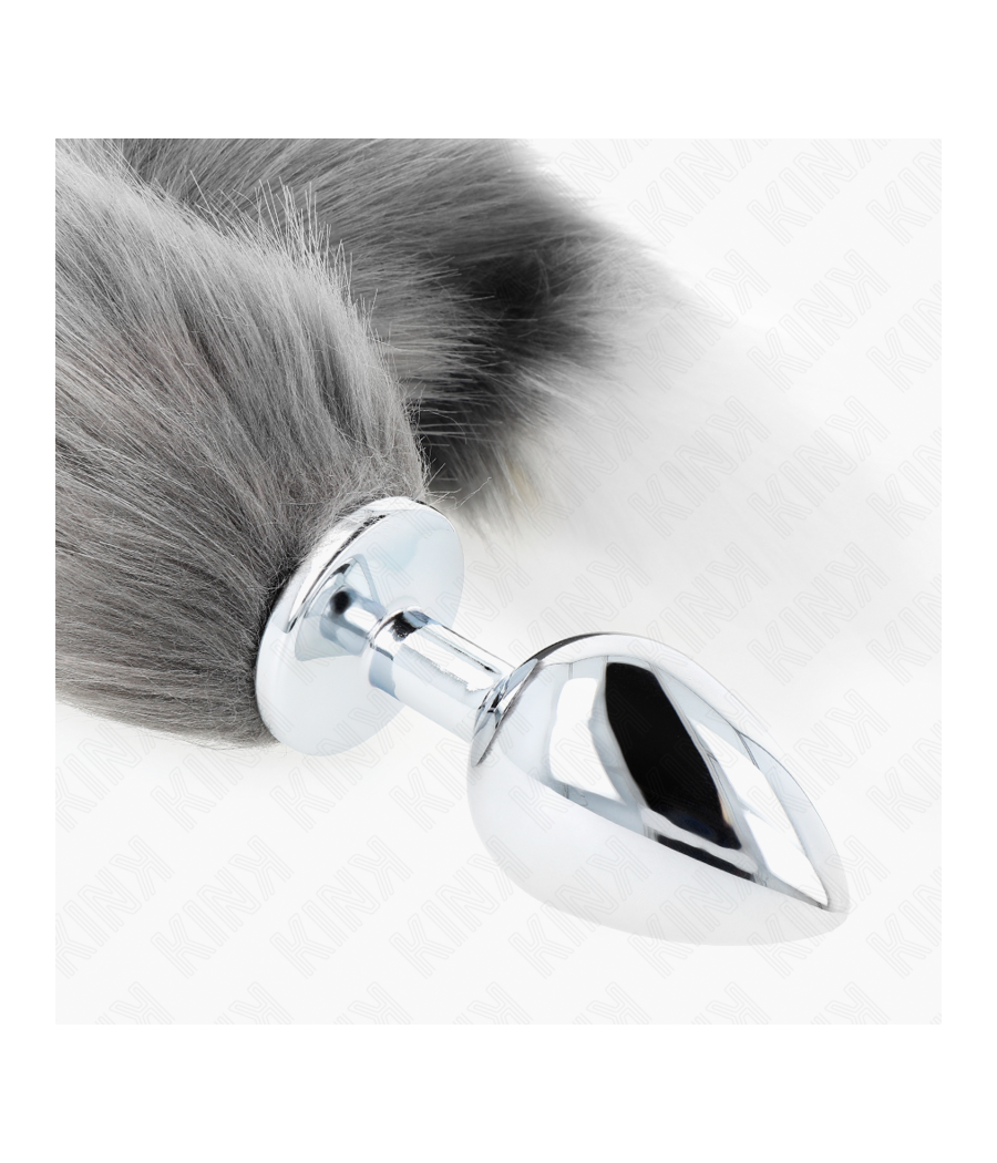 KINK - PLUG ANAL TAILLE L 10 X 4 CM AVEC QUEUE SYNTHÉTIQUE 40 CM GRIS ET BLANC
