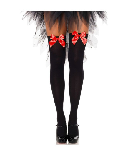 LEG AVENUE - BLACK NYLON THIGH HIGHS WITH RED BOW ONE SIZE