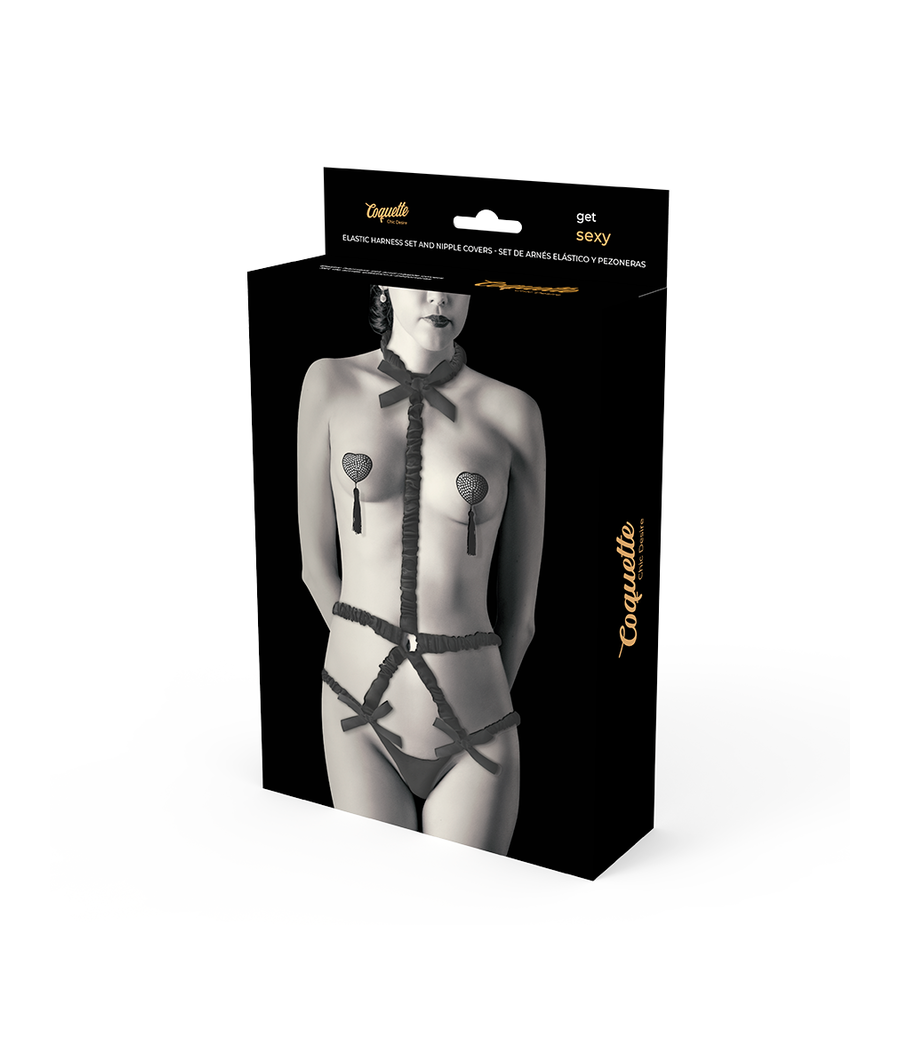 COQUETTE CHIC DESIRE - ELASTIC HARNESS SET AND NIPPLE COVERS BLACK