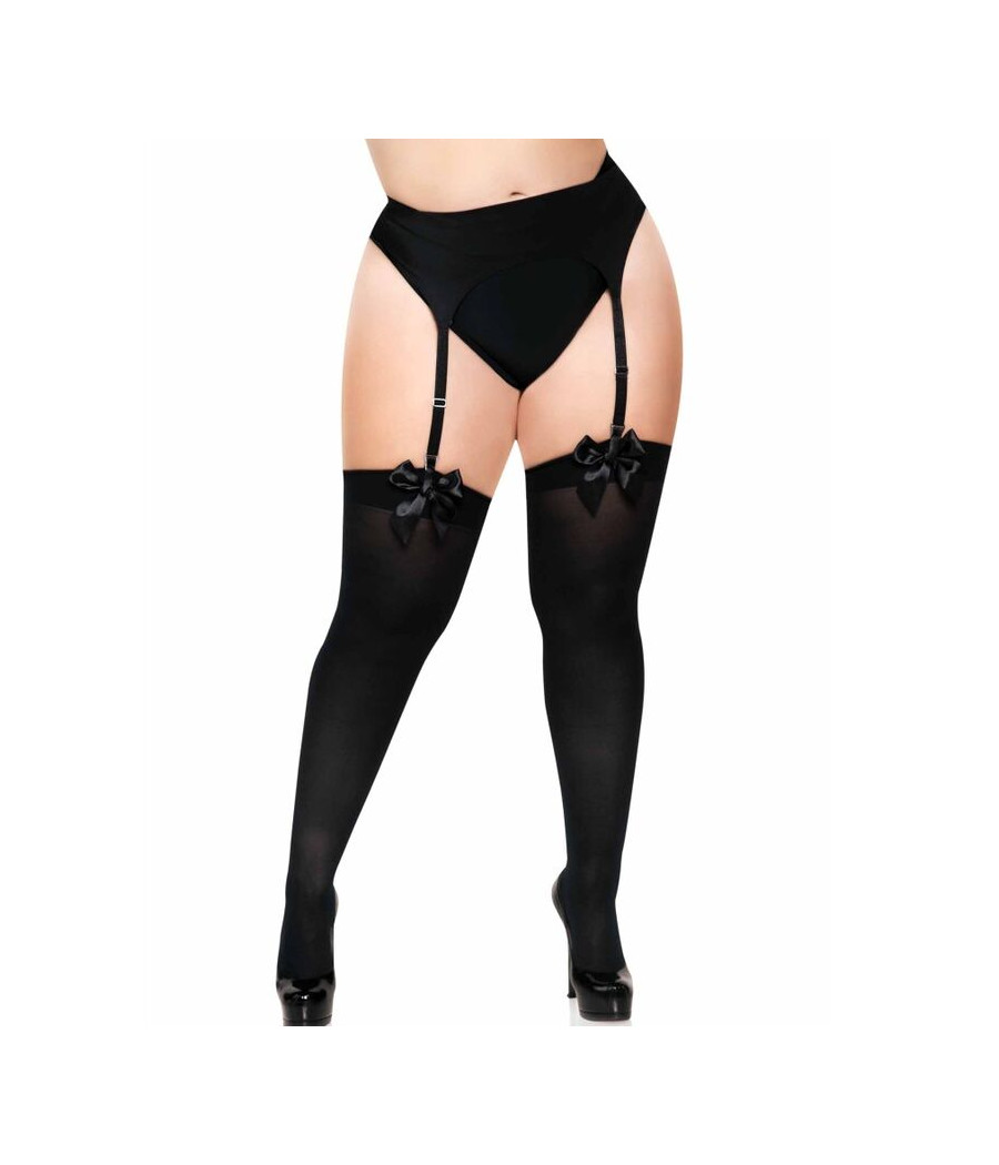 LEG AVENUE - MEDIAS ALTAS CON LACITO NEGRO TALLA GRANDE