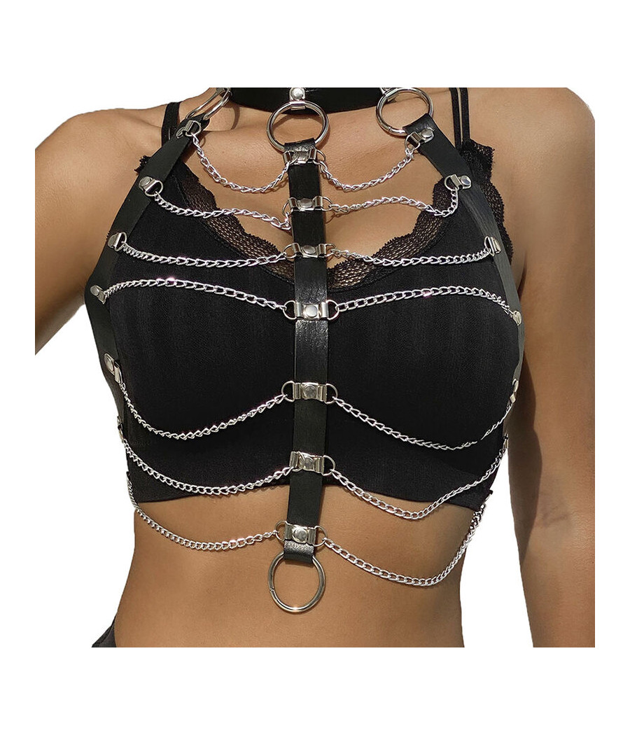 SUBBLIME - HARNAIS POITRINE CHAÎNE S EN CUIR NOIR TAILLE UNIQUE