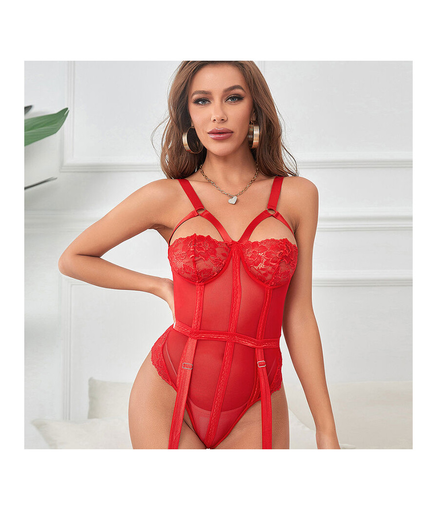SUBBLIME - TEDDY AVEC JARRETIÈRE DÉTAIL POITRINE ROUGE S/M