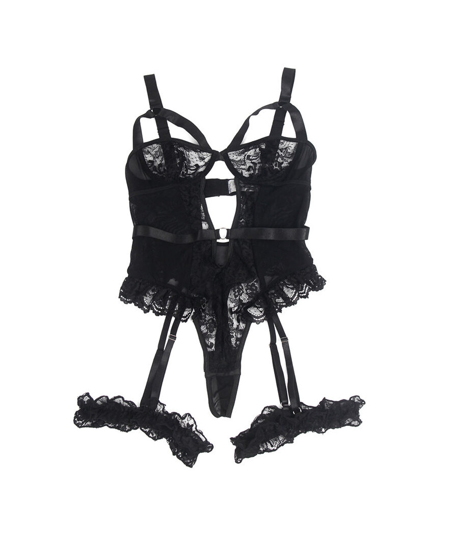 SUBBLIME - TEDDY MIT STRUMPFBAND MIT SPITZENDETAIL UND STREIFEN SCHWARZ S/M